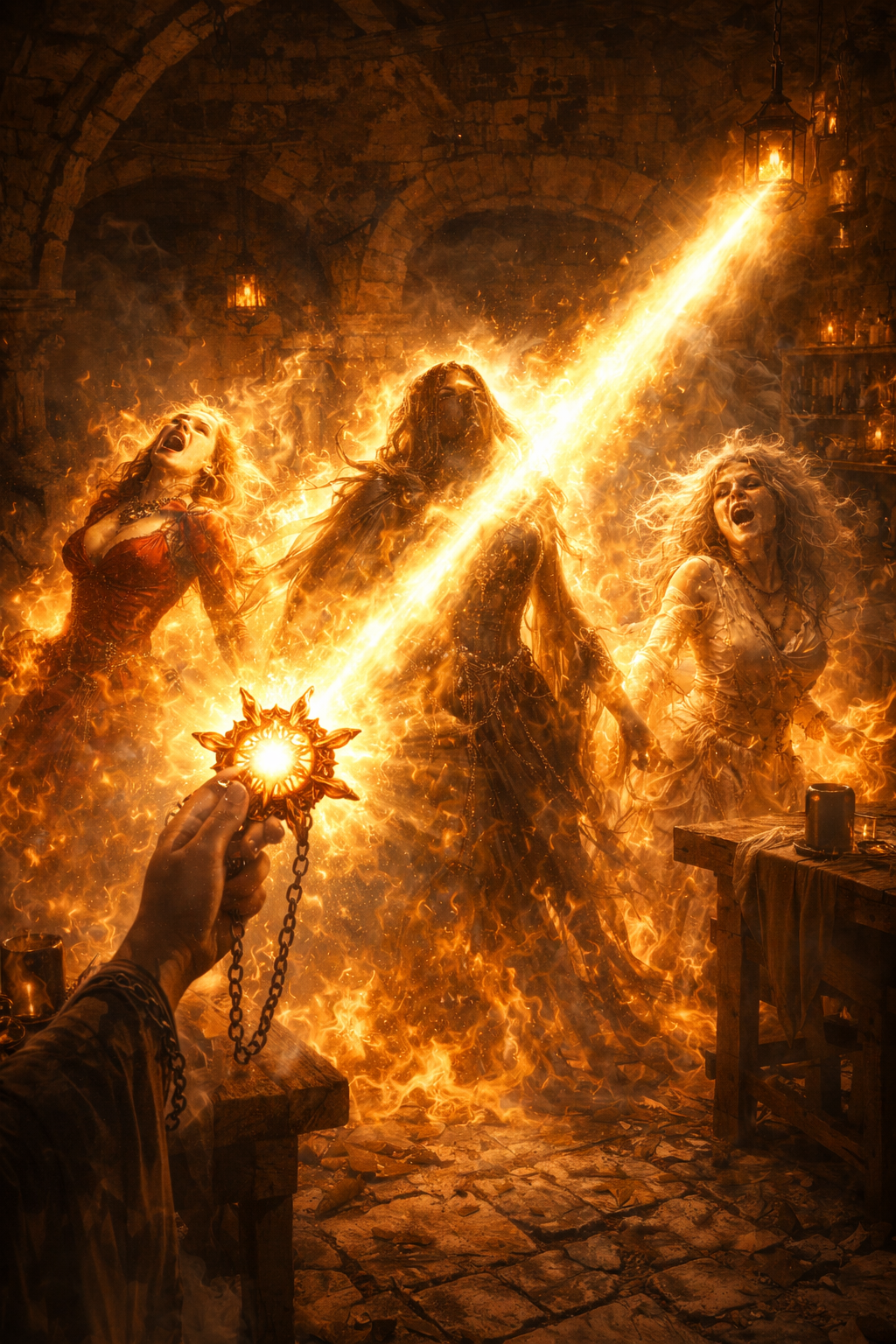 Zonlicht barst vanuit een amulet en treft vrouwelijke figuren in de Witte Duif